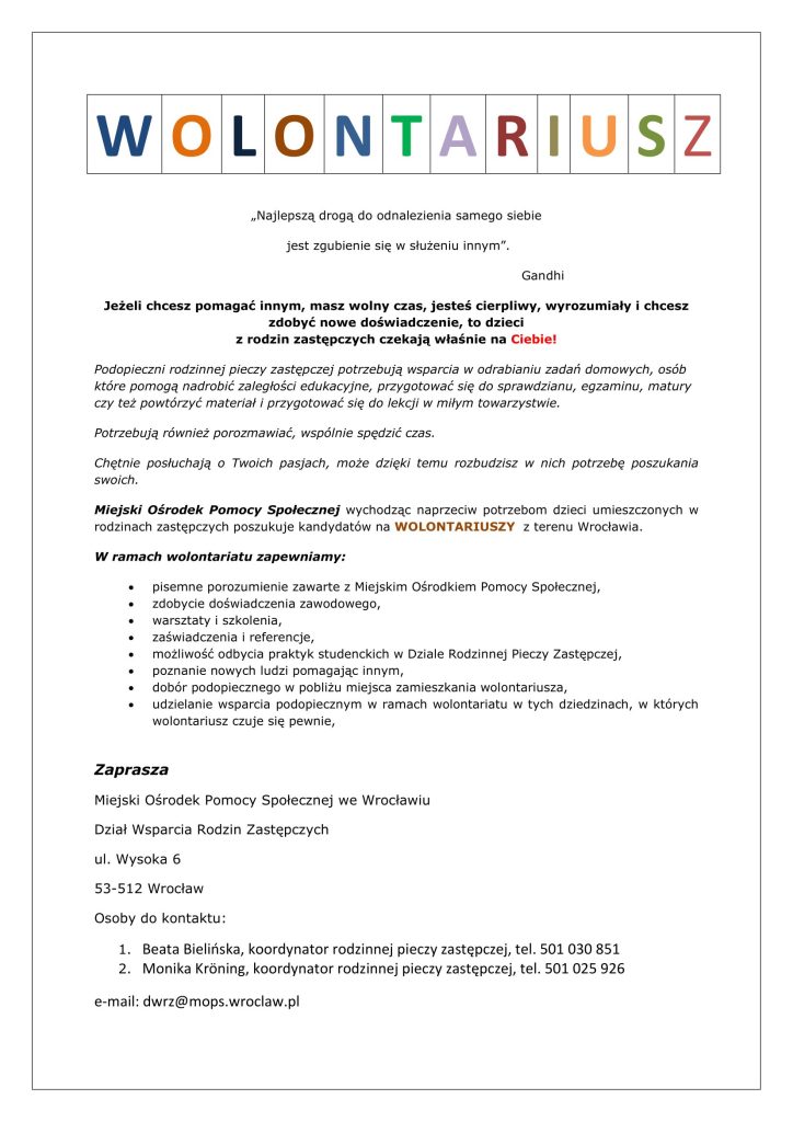 Ulotka- wolontariusz MOPS Wrocław